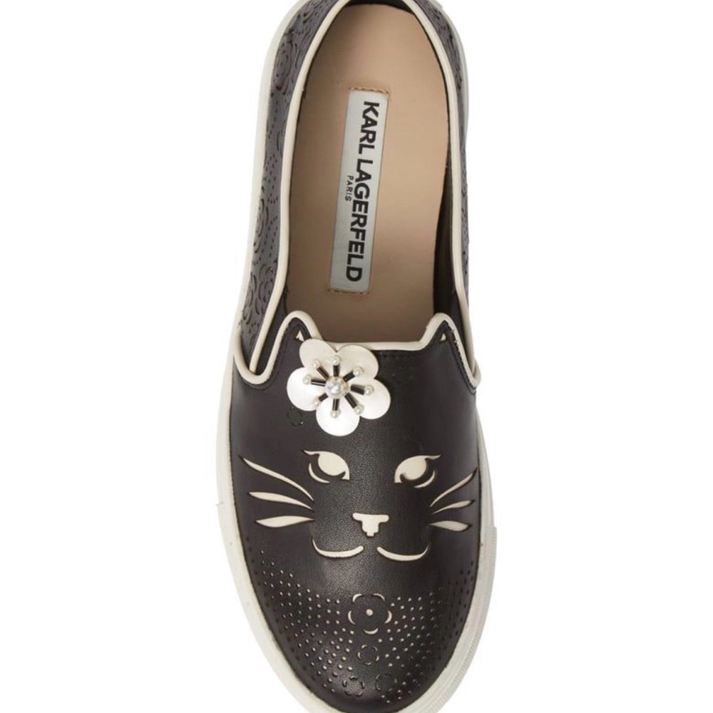 Karl Lagerfeld Black and White Cat-Accent Slip-On Sneakers 38.5
